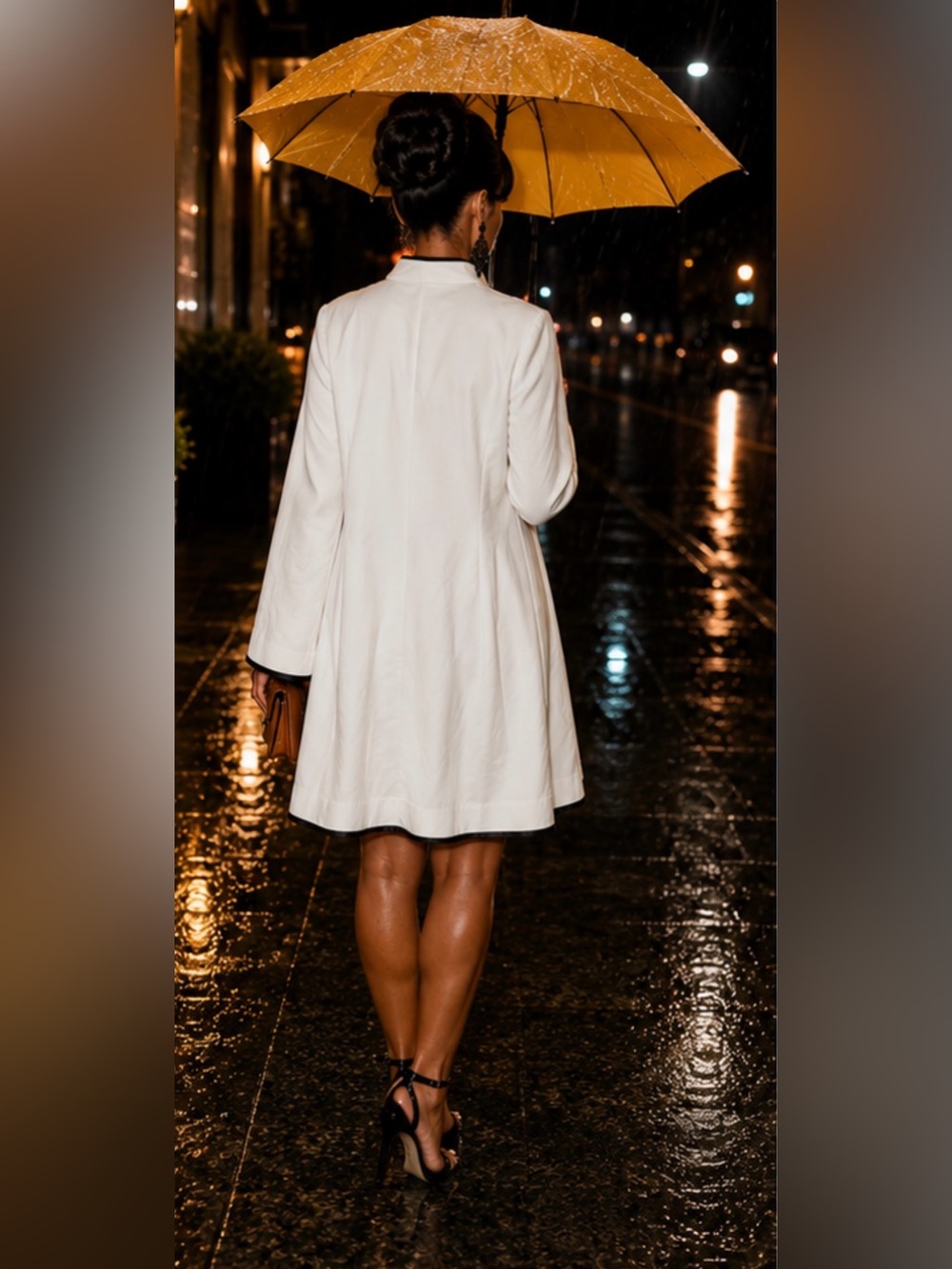 White Flared Coat Dress with Black Embroidered Yoke - Picture 3 of 4